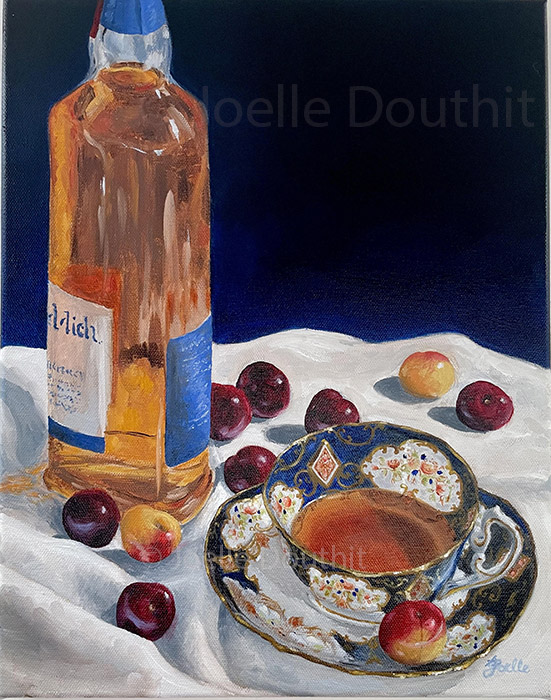 painting of whiskey bottle, blue teacup, and cherries
