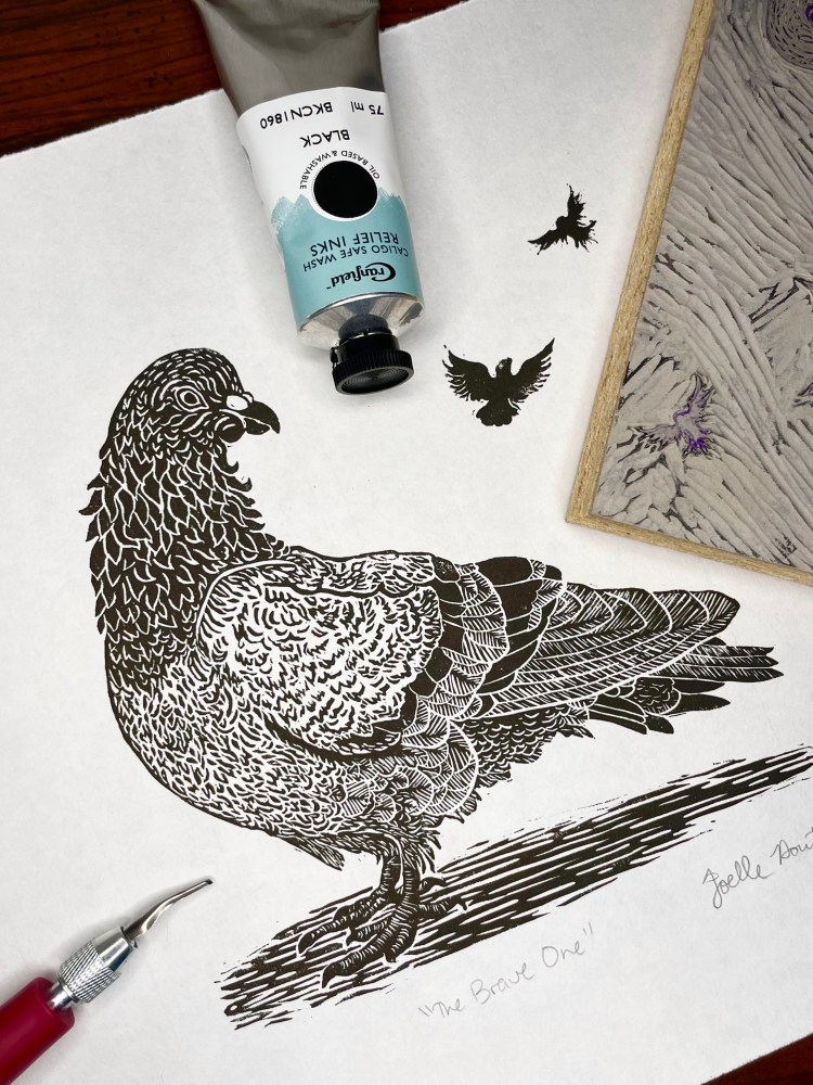 Image of pigeon relief print with ink and printmaking tools to demonstrate a category